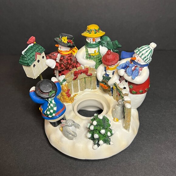 Deb Strain Candle Capper Christmas Holiday Ceramic Snowman Scene Topper 3.75" - Picture 2 of 9